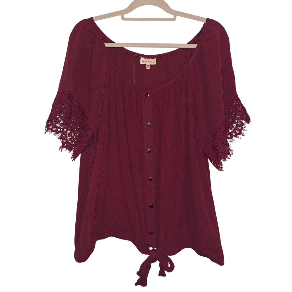 Belle du Jour Size 1x Women's Blouse Top With Lace Trim and Tie Front Everyday